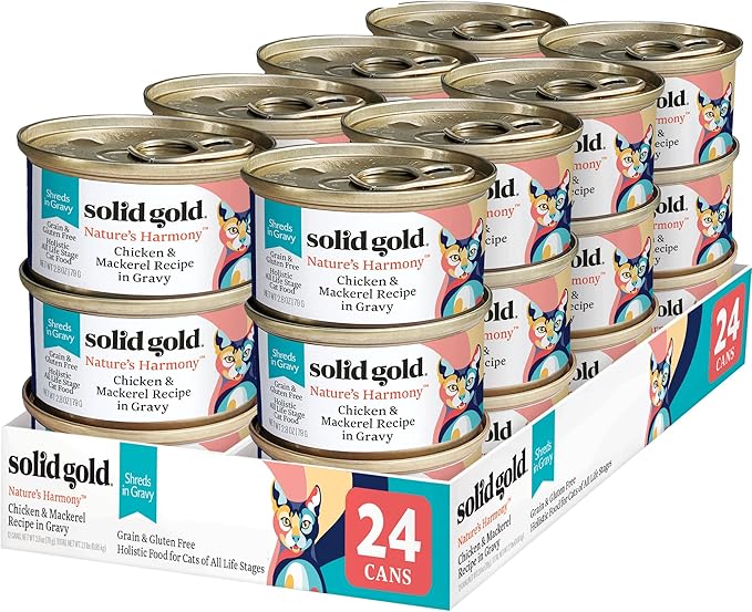 Solid Gold Wet Cat Food Shreds in Gravy - Healthy Canned Cat Food Made w/Real Chicken &amp; Mackerel Shreds, Vitamins &amp; Minerals - Grain Free &amp; Gluten Free Canned Meals for Cats &amp; Kittens - 24ct/3oz Can