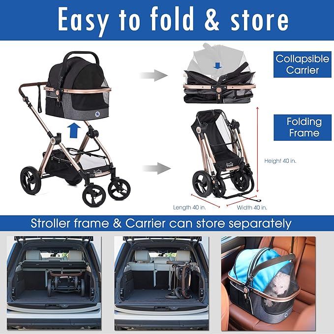 HPZ Pet Rover Prime 3-in-1 Luxury Dog/Cat Stroller (Travel Carrier + Car Seat +Stroller) with Detach Carrier/Pump-Free Rubber Tires/Aluminum Frame/Reversible Handle for Medium &amp; Small Pets (BLACK)