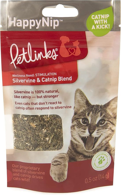 Petlinks HappyNip Catnip &amp; Silvervine Blend for Cats &amp; Kittens, Highly Potent Stimulant/Attractant, Great for Finicky Felines, Resealable Pouch - 0.5 oz