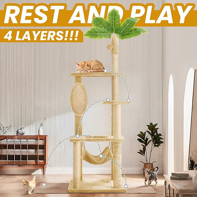 55 Inch Large Cat Tree Tower for Indoor Cats with Hammock Green Leaves Sisal Scratching Post, Plush Hang Ball Play Furniture for Kittens &amp; Adult Cats, New Beige