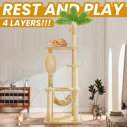 55 Inch Large Cat Tree Tower for Indoor Cats with Hammock Green Leaves Sisal Scratching Post, Plush Hang Ball Play Furniture for Kittens &amp; Adult Cats, New Beige