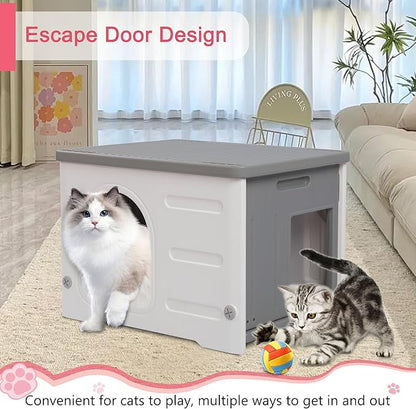Rockever Plastic Cat House Outdoor with Escape Door, Waterproof Feral Cat House Outdoor Indoor, Sturdy Cat House for Outdoor Cats, Assemble Easily-Grey