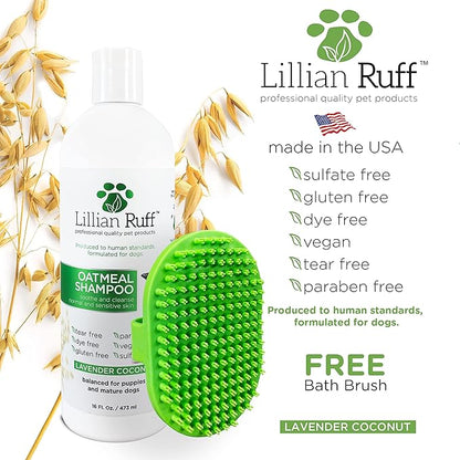 Lillian Ruff Calming Oatmeal Pet Shampoo for Dry Skin &amp; Itch Relief with Aloe &amp; Hydrating Essential Oils - Replenish Moisture &amp; Deodorize - Gentle Dog Shampoo for Normal/Sensitive Skin (16oz &amp; Brush)
