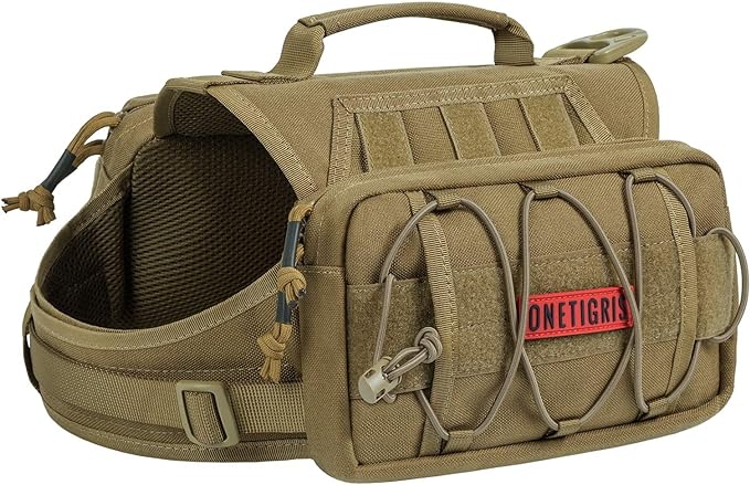 OneTigris Dog Backpack for Medium &amp; Large Dogs, Nylon Backpack for Dogs Tactical Pet Backpack with Side Pockets for Hiking Walking Training Running (Brown, Large)