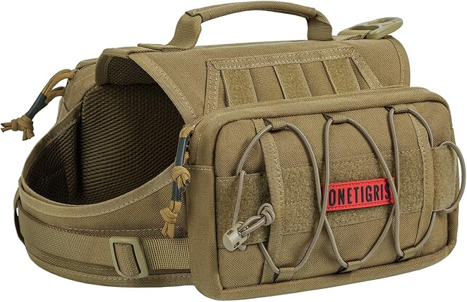 OneTigris Dog Backpack for Medium &amp; Large Dogs, Nylon Backpack for Dogs Tactical Pet Backpack with Side Pockets for Hiking Walking Training Running (Brown, Medium)