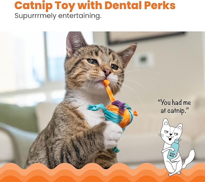 Catstages Catnip Tons of Tails – Interactive Catnip Dental Chew Toy for Cats with Rope, Ribbon &amp; Cotton for Batting, Chasing &amp; Chewing