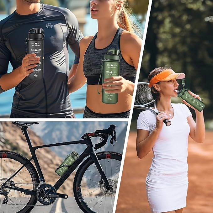 Enerbone Water Bottle, Leakproof BPA &amp; Toxic Free, Motivational Water Bottle with Times to Drink and Straw, Fitness Sports Water Bottle with Strap for Office, Gym, Outdoor Sports