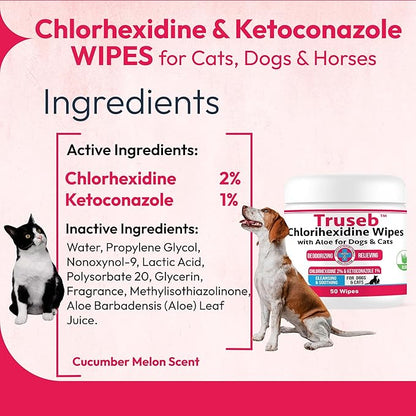 Truseb Topical Ketoconazole and Chlorhexidine Wipes for Dogs, Cats and Horses - with Aloe for Cleansing - 50 Count (Ketoconazole &amp; Chlorhexidine Wipes, 50 Count)