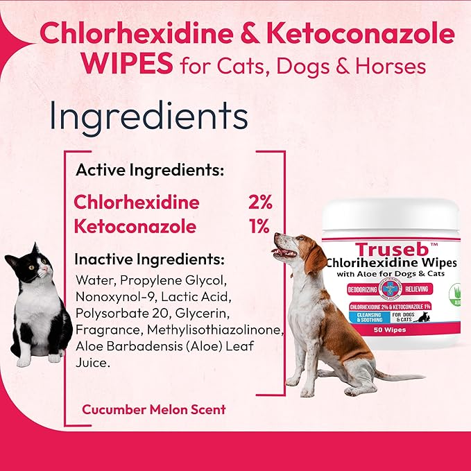 Truseb Topical for Dogs, Cats and Horses - with Aloe for Cleansing (Ketoconazole &amp; Chlorhexidine Wipes, 100 Count)