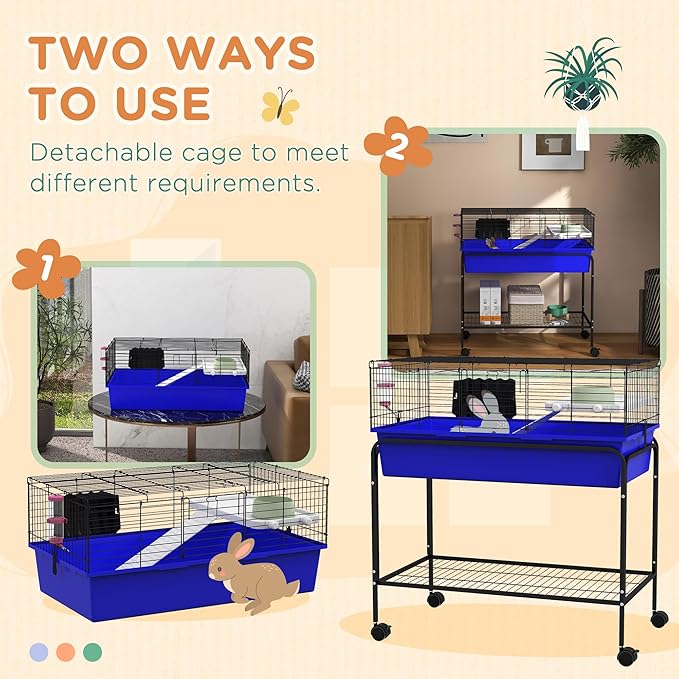 PawHut Two-Story Small Animal Cage Removable from Stand, Guinea Pig Cage with Shelf &amp; Wheels, Pet Habitat for Hedgehog, Chinchilla, Ferret, 33" x 18.5" x 35", Blue