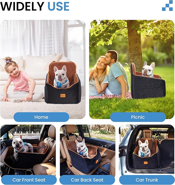 Dog Car Seat for Small Dogs - Puppy Car Seat with Safety Strap &amp; Waterproof Padding, Portable Pet Carrier for Cars, Trucks &amp; SUVs, Comfortable Elevated Bed for Pets Up to 35lbs (Black/Coffee)
