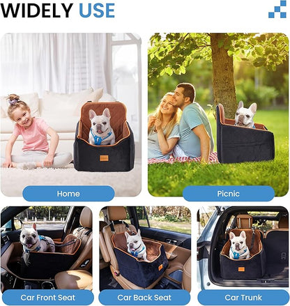 Dog Car Seat for Small Dogs - Puppy Car Seat with Safety Strap &amp; Waterproof Padding, Portable Pet Carrier for Cars, Trucks &amp; SUVs, Comfortable Elevated Bed for Pets Up to 35lbs (Black/Coffee)
