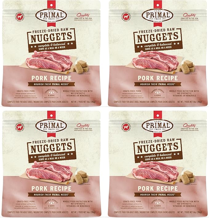 Primal Freeze Dried Raw Dog Food Nuggets, Pork, Complete &amp; Balanced Meal, Also Use as Topper or Treat, Premium, Healthy, Grain Free, High Protein Raw Dog Food, 14 oz (Pack of 4)