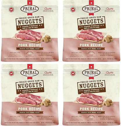 Primal Freeze Dried Raw Dog Food Nuggets, Pork, Complete &amp; Balanced Meal, Also Use as Topper or Treat, Premium, Healthy, Grain Free, High Protein Raw Dog Food, 14 oz (Pack of 4)