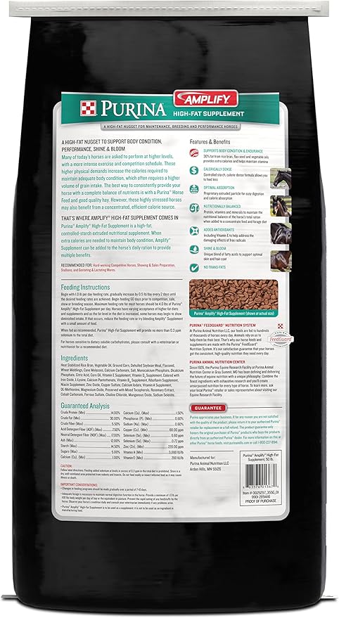 Purina, Amplify Equine, High-Fat Horse Supplement for Maintenance, Breeding, &amp; Performance Horses, 50 lbs