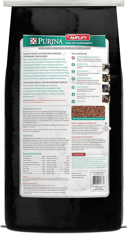 Purina, Amplify Equine, High-Fat Horse Supplement for Maintenance, Breeding, &amp; Performance Horses, 50 lbs