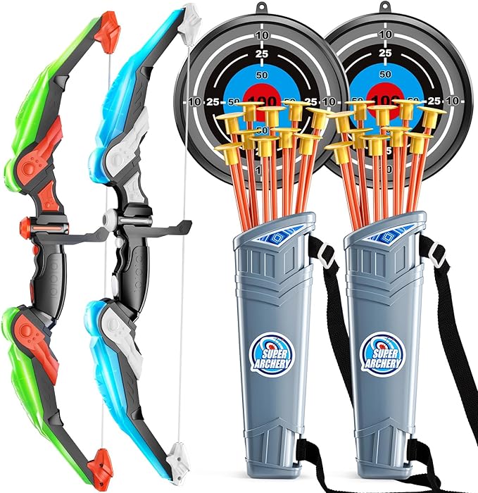 TEMI Bow and Arrow Set for Kids - Archery Toy Set - LED Light Up with Suction Cup Arrows, Target &amp; Quiver, Indoor and Outdoor Toys for Children Boys Girls