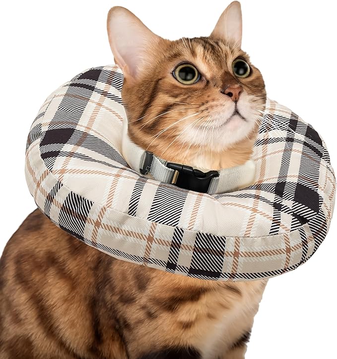 Cat Cone Collar Soft, Adjustable Plaid Elizabethan Cat Recovery Collar After Surgery to Prevent Licking &amp; Scratching Wound, Fits Small Medium Large Cats, Puppy, Small Dogs