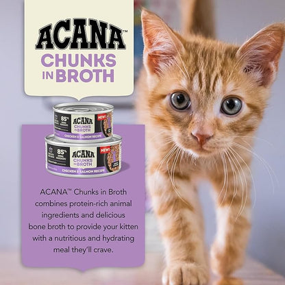 ACANA Chunks in Broth Wet Cat Food Chicken &amp; Salmon Recipe for Kittens 3oz Cans (12 Count)