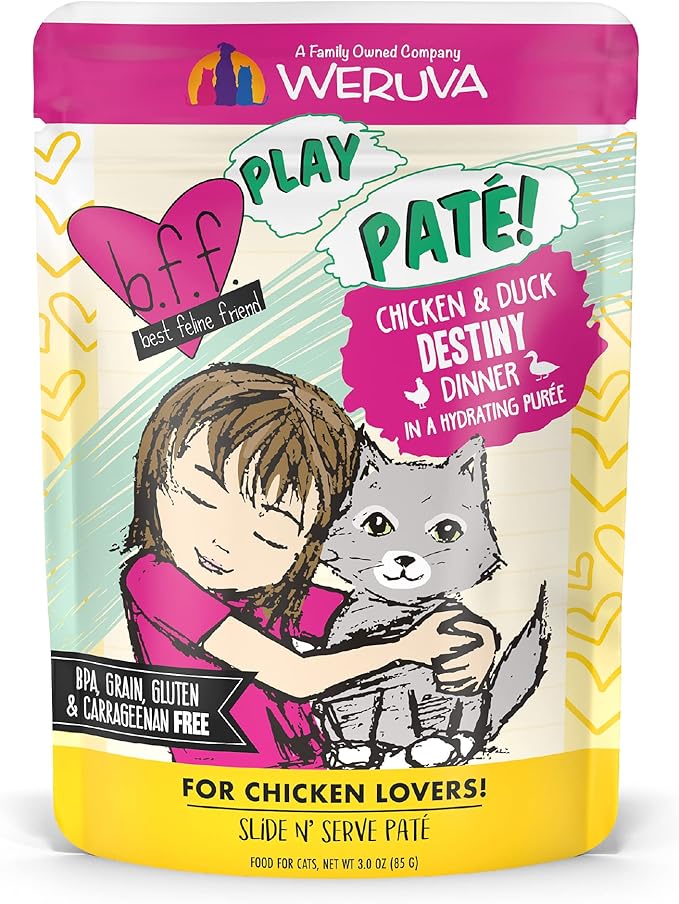 B.F.F. PLAY - Best Feline Friend Paté Lovers, Aw Yeah!, Chicken &amp; Duck Destiny with Chicken &amp; Lamb, 3oz Pouch (Pack of 12)