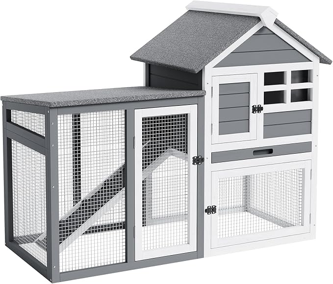 Rabbit Hutch 2-Tier, Small Wooden Chicken Coop for Outdoor Use - Weatherproof Small Animal Hutch with Non-Slip Ramp, 4 Access Doors &amp; Removable Tray for Rabbits, Guinea Pigs, Ferrets (Indoor/Outdoor)