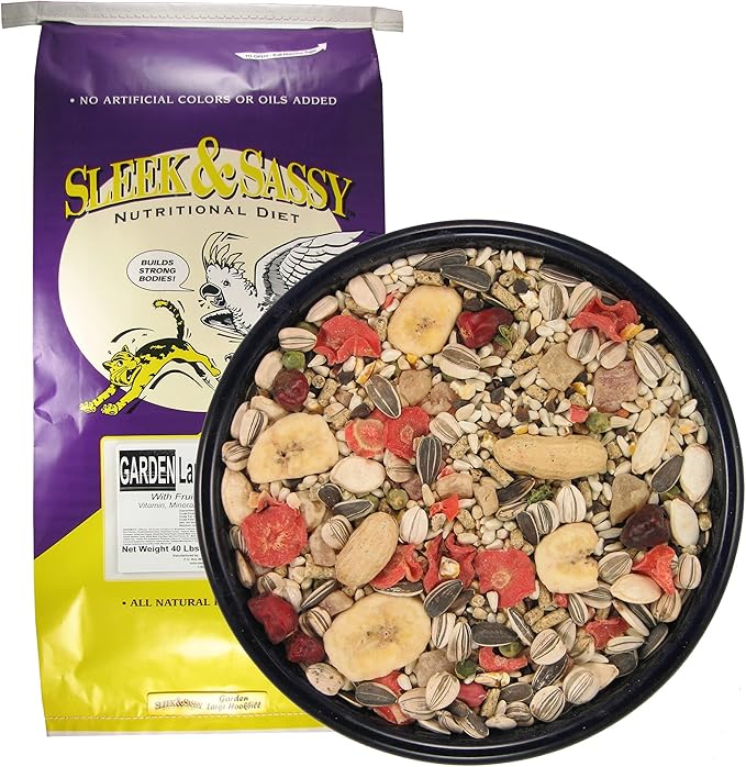 SLEEK &amp; SASSY Garden Large Hookbill Parrot Food for Large Conures, Amazons, African Greys, Cockatoos, Pionus-Parrots &amp; Small Macaws (40 lbs.)