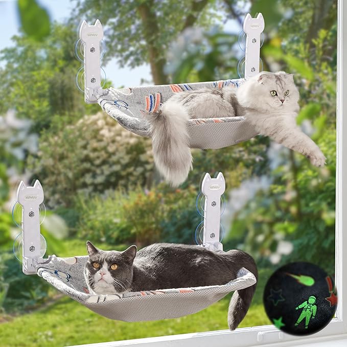 2 Pack Cat Window Perch, Glow in The Dark Foldable Cat Hammock with Sunken Design &amp; Removable Soft Cover, Breathable Cordless Window Bed for Resting Indoor Kitten (Shallow Perch, 2 Pack - M)