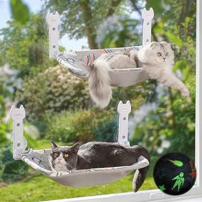 2 Pack Cat Window Perch, Glow in The Dark Foldable Cat Hammock with Sunken Design &amp; Removable Soft Cover, Breathable Cordless Window Bed for Resting Indoor Kitten (Shallow Perch, 2 Pack - M)