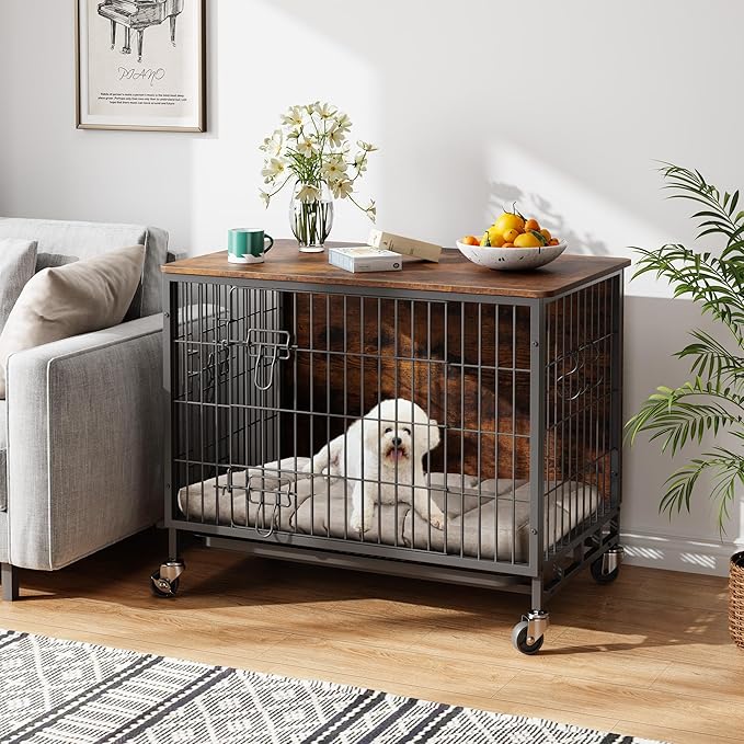 Dog Crate Furniture, 32.5" Wooden Dog Crate Furniture Side End Table, Indoor Kennel with Double Doors, Dog Crates for Medium Dogs, Rustic Brown