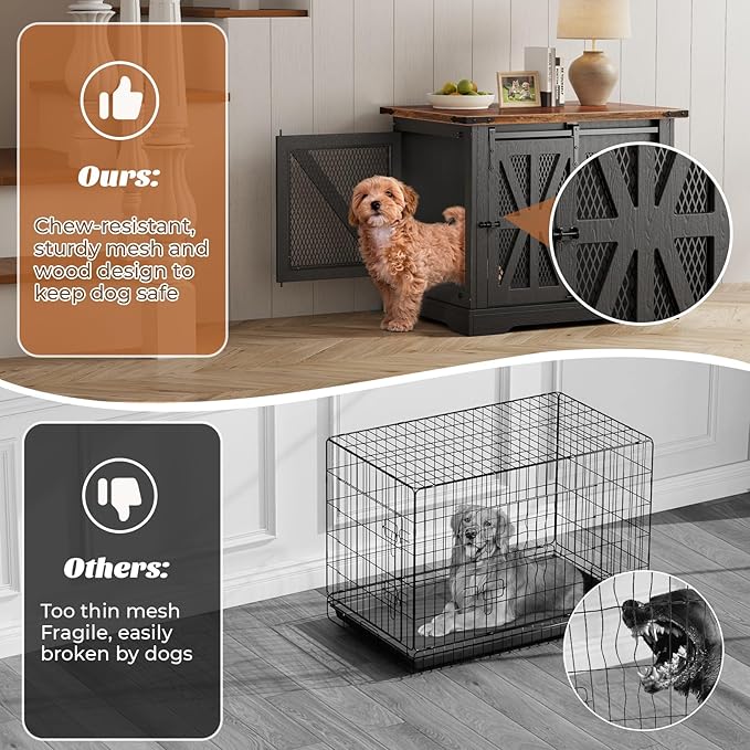 VOPEAK 27.5" Small Dog Crate Furniture, Chew Resistant Dog Crate for Puppy Dogs, Heavy Duty Small Dog Crate Dog Kennel Indoor with Double Doors, Wooden End Table for Bedroom Living Room, Black