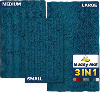 Muddy Mat® Pack of 3 Highly Absorbent Microfiber Dog Door Mat and Pet Rug, Non Slip Thick Washable Area Mat Soft Chenille for Kitchen Bathroom Bedroom and Outdoor - Atlantic Blue Small, Medium &amp; Large