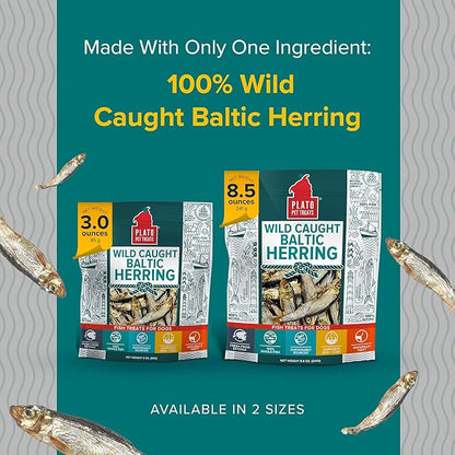 PLATO Pet Treats Fish Dog Treats - Air-Dried, Single Ingredient Dog Treat - with Omega 3 &amp; 6 Fatty Acids to Support Skin and Coat - 100% Whole Fish - Wild Caught Baltic Herring Dog Treats - 3oz