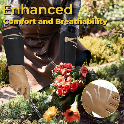 HANDLANDY Long Gardening Gloves for Men &amp; Women, Cowhide Leather Rose Pruning Gloves, Breathable Thorn Proof Gauntlet Glove (Brown-Cowhide, L)