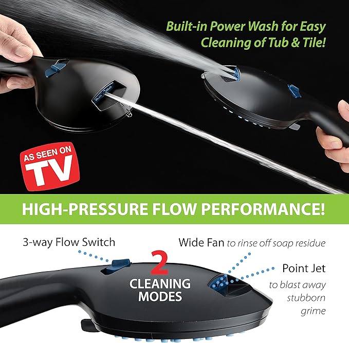 AquaCare High Pressure 8-mode Handheld Shower Head - Anti-clog Nozzles, Built-in Power Wash to Clean Tub, Tile &amp; Pets, Extra Long 6 ft. Stainless Steel Hose, Wall &amp; Overhead Brackets