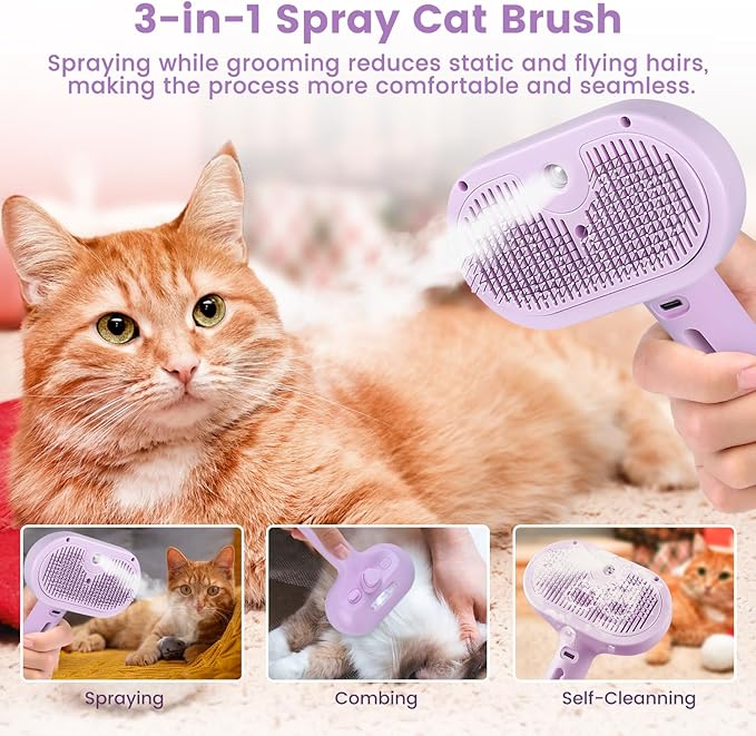 3 in 1 Cat Steam Brush, Pet Spray Hair Removal Comb for Shedding &amp; Grooming, Water Brush for Cats Dogs Small Animals Long Short Haired with One-Click Release Button(Purple)