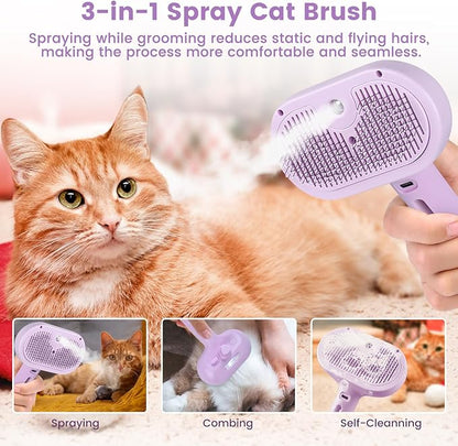 3 in 1 Cat Steam Brush, Pet Spray Hair Removal Comb for Shedding &amp; Grooming, Water Brush for Cats Dogs Small Animals Long Short Haired with One-Click Release Button(Purple)