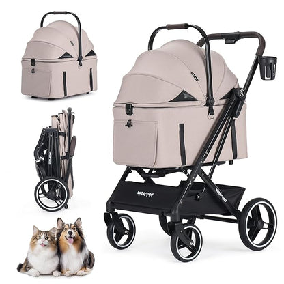 BEBEROAD X3 2 in 1 Pet Stroller for Medium or Two Small Dogs &amp; Cats 4 Wheels Lightweight Foldable Carrier Dog Stroller with Waterproof Weather Cover Cup Holder,Storage Basket(Camel)