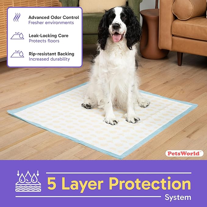 PETSWORLD Giant Dog Potty Pads, Odor-Eliminating, 36" x 36", Ultra Absorbent 5-Layer Leak-Proof Training Pads for Dogs &amp; Cats (36x36 Health Indicating, 50 Count)