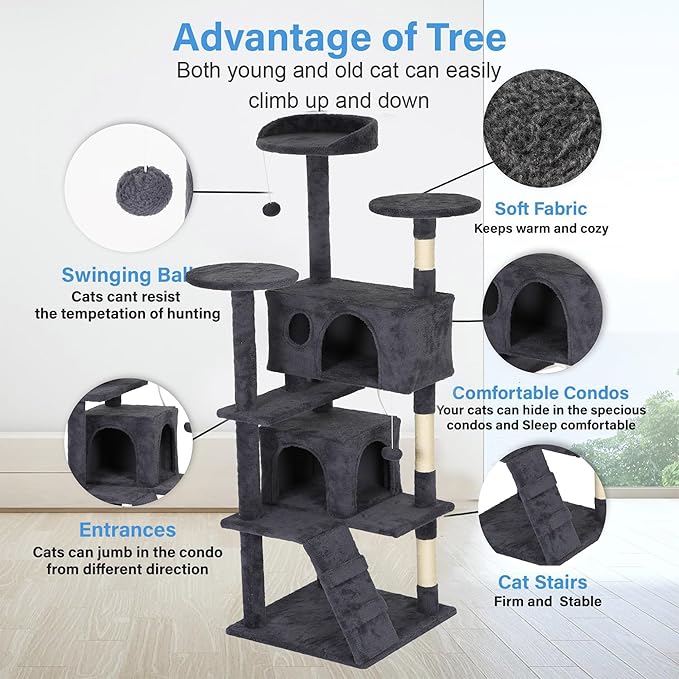 FDW Cat Tree Tower 62in Multi-Level Durable Cat Scratching Post &amp; Cozy Fun Jumping Platform Space Saving Condo Pet Play House for Indoor Cats,Dark Gray