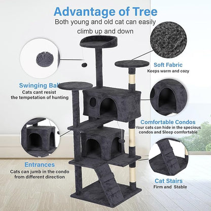 FDW Cat Tree Tower 62in Multi-Level Durable Cat Scratching Post &amp; Cozy Fun Jumping Platform Space Saving Condo Pet Play House for Indoor Cats,Dark Gray