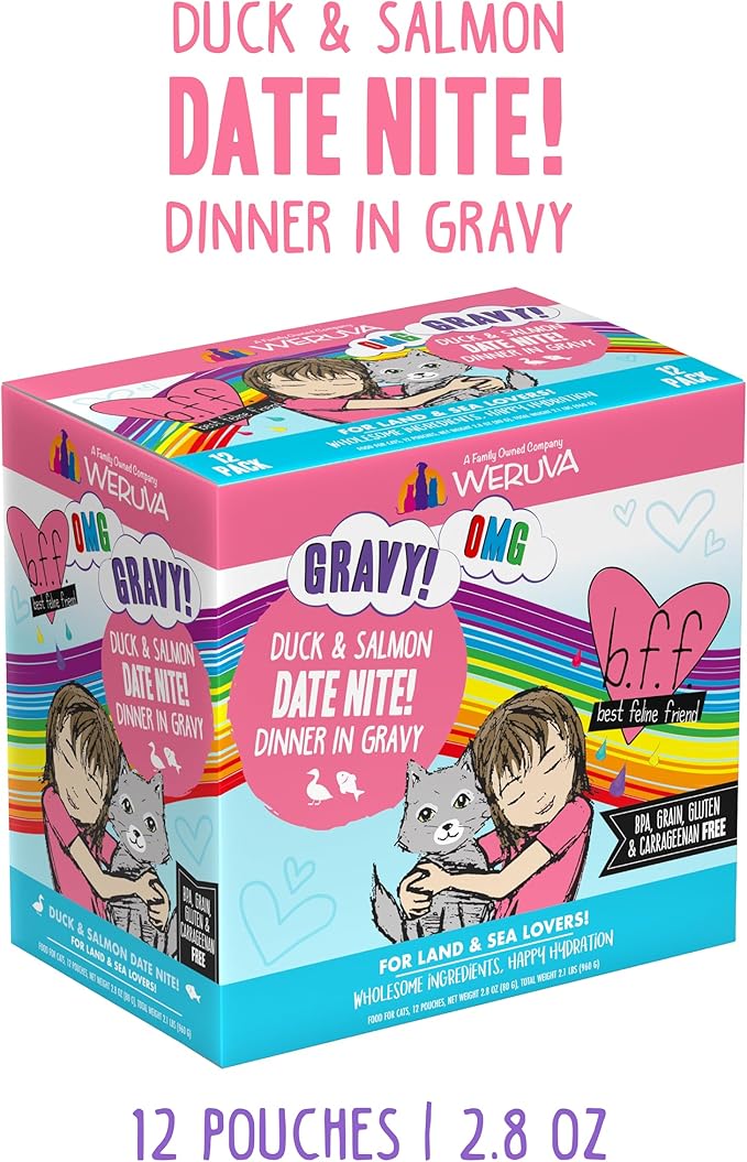 Weruva B.F.F. OMG - Best Feline Friend Oh My Gravy!, Date Nite! with Duck &amp; Salmon in Gravy Cat Food, 2.8oz Pouch (Pack of 12)