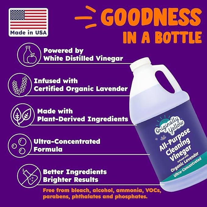 Originally Yellow Lavender Vinegar For Cleaning Purpose | USA Made All Purpose Cleaner | Use as a Floor, Glass, Kitchen, &amp; Bathroom Cleaner | Plant Derived Vinegar 1 Gallon in 2 bottles | 128 Oz