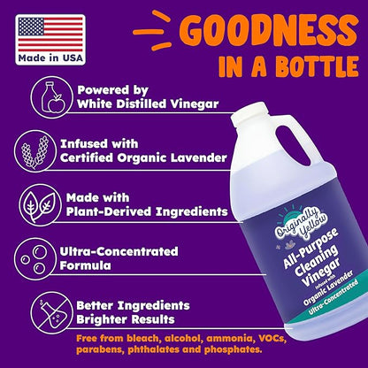 Originally Yellow Lavender Vinegar For Cleaning Purpose | USA Made All Purpose Cleaner | Use as a Floor, Glass, Kitchen, &amp; Bathroom Cleaner | Plant Derived Vinegar 1 Gallon in 2 bottles | 128 Oz