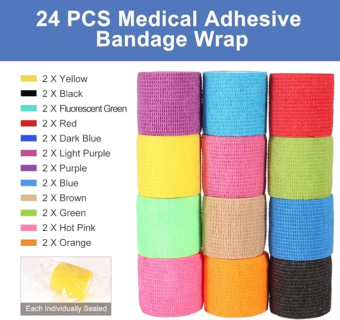 LDIWEE 24 Pack Self Adhesive Bandage Wrap 2 Inch, Vet Wrap for Dogs &amp; Horses, Elastic Cohesive Tape for Athletic Sports, First Aid Medical, Ankle Sprains, Wrist Support
