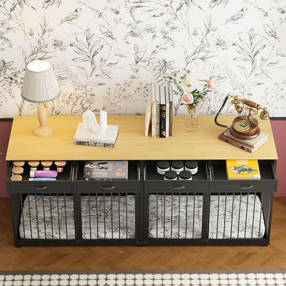 Extra Large Dog Crate with Double Rooms, 93" Heavy Duty Wooden Dog Cage Furniture Dog Crate Kennel w/Drawers &amp; Removable Divider,Indoor Luxury Dog House for Large Dogs,Black