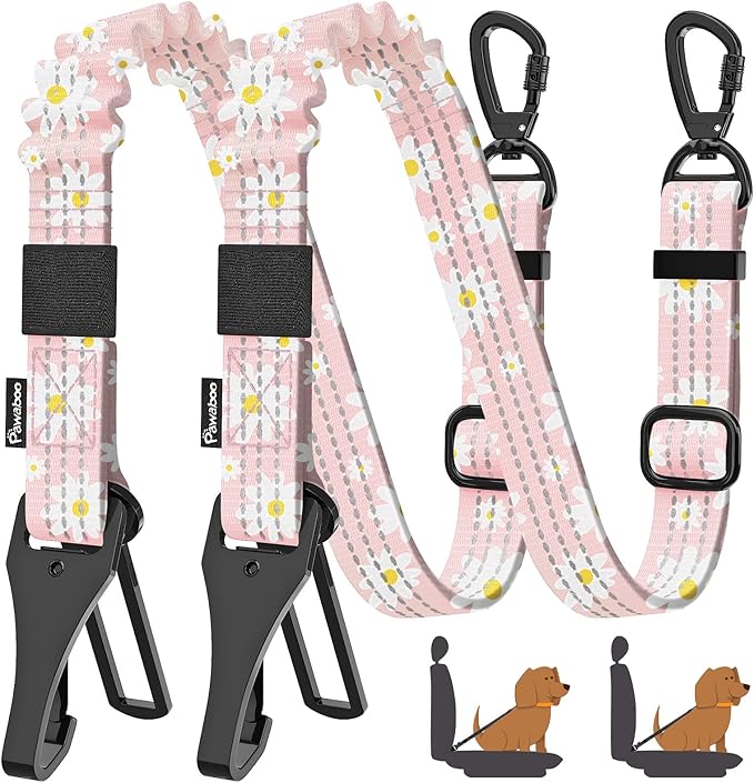 Pawaboo 2Pack Dog Seatbelt for Car, 3-in-1 Dog Car Seat Belt Bungee, Dogs Tether for Cars with Buckle &amp; Hook Latch, Adjustable Reflective Dogs Cars Harness Leash with 360° Lockable Buckle, Light Pink