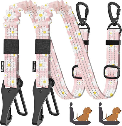 Pawaboo 2Pack Dog Seatbelt for Car, 3-in-1 Dog Car Seat Belt Bungee, Dogs Tether for Cars with Buckle &amp; Hook Latch, Adjustable Reflective Dogs Cars Harness Leash with 360° Lockable Buckle, Light Pink