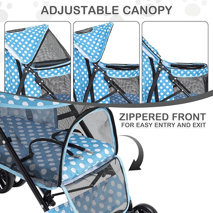 MoNiBloom 4 Wheels Pet Stroller, Easy-Fold Umbrella Shaped Dog Cat Jogger Stroller w/Storage Bag &amp; Visible Mesh for Small/Medium Dogs Cats Sky Blue Polka Dots