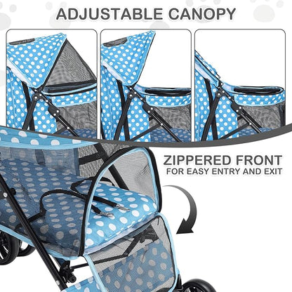 MoNiBloom 4 Wheels Pet Stroller, Easy-Fold Umbrella Shaped Dog Cat Jogger Stroller w/Storage Bag &amp; Visible Mesh for Small/Medium Dogs Cats Sky Blue Polka Dots