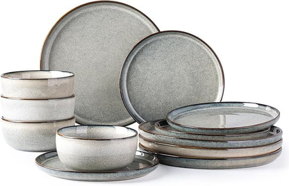 GBHOME Ceramic Dinnerware Sets for 4, 12 Pieces Stoneware Plates and Bowls Sets, Reactive Glaze Dishes -Scratch Resistant, Dishwasher&amp;Microwave Safe, Green Wheat